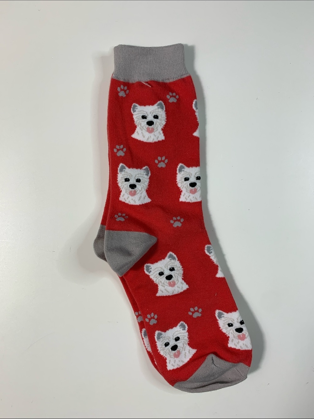 Red Westie Dog Pattern Crew Socks with Gray Accents